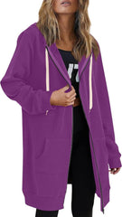 Long Zip Up Jackets for Women Trendy Casual Loose Fit Oversized Hoodie Plain Tunic Sweat Shirts Comfort Trench Coat