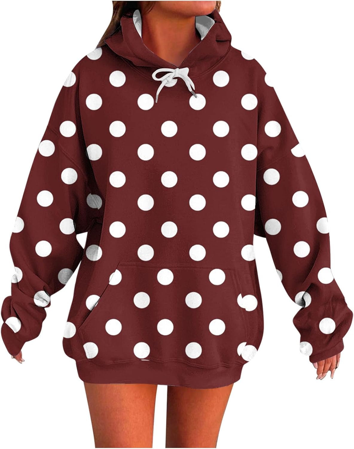 Oversized Polka Dot Adjustable Hoodies Roomy Stylish Sweatshirts with Hood Cute Front Pocket Long Sleeve Tops