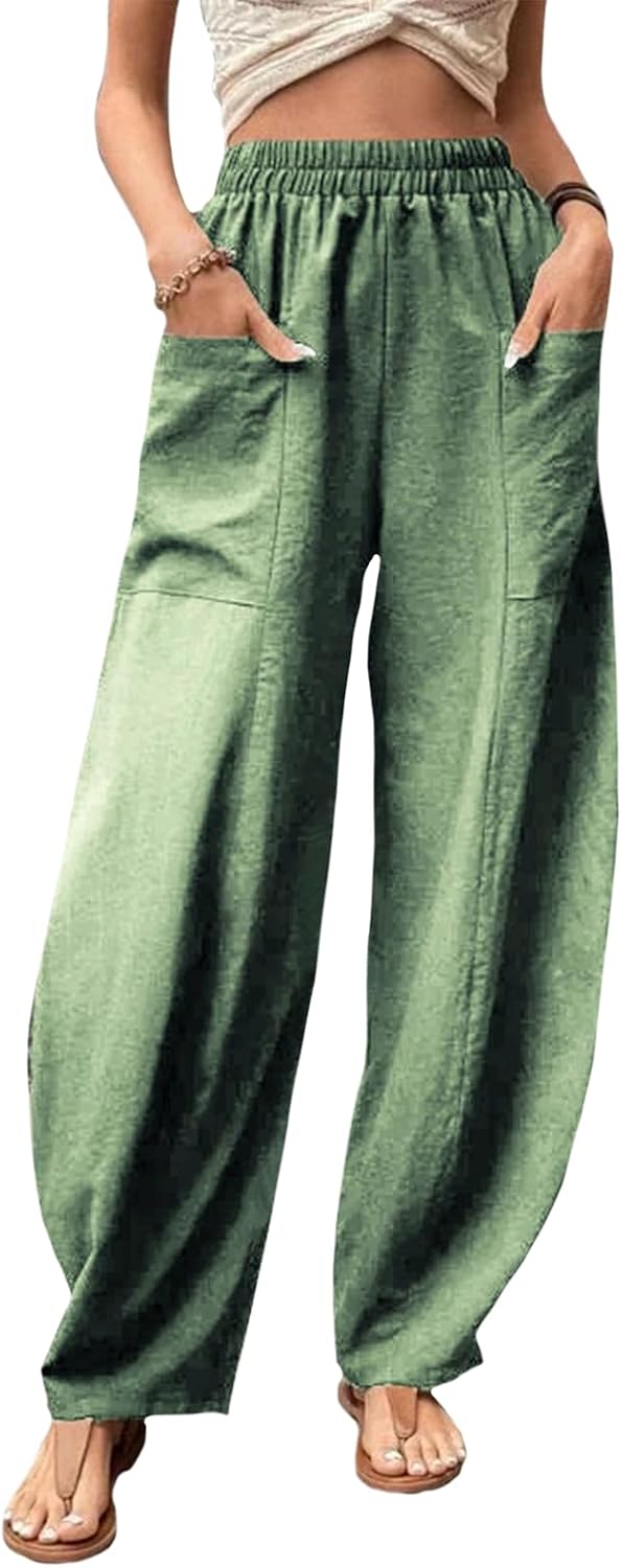 Women's 2025 High Waist Elastic Waist Trousers Casual Loose Fit Harem Pants Summer Solid Color Pant with Pockets