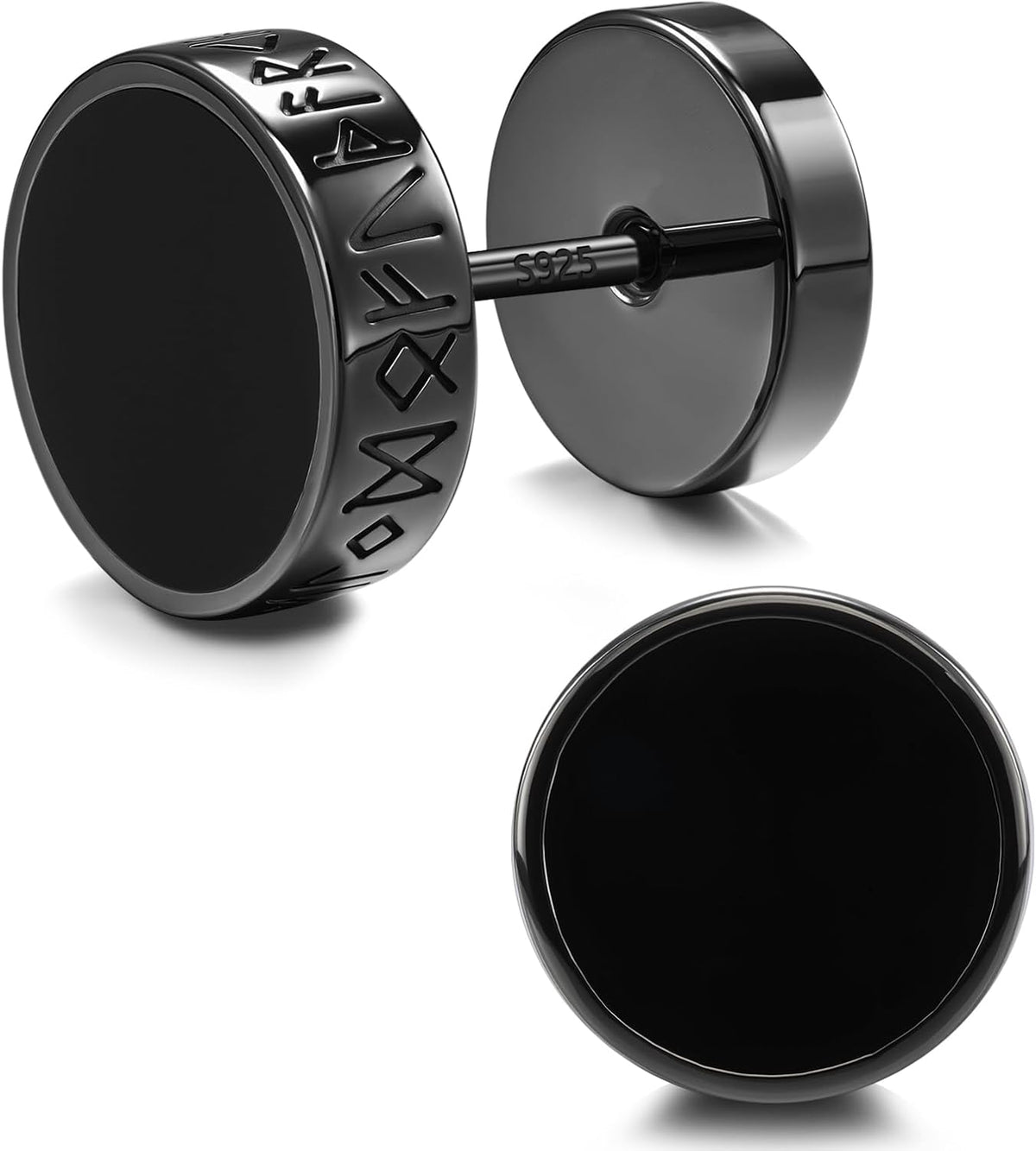 FEEL STYLE 925 Sterling Silver Viking Rune Stud Earrings for Men Women Natural Black Onyx Flat Back Stud Earrings Hypoallergenic