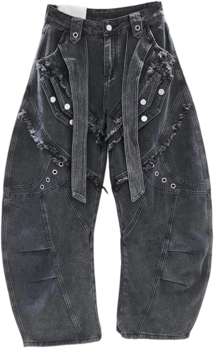 Women's Barrel Jeans Mid Waist Raw Edges Vintage Horseshoe Denim Pants Y2k Baggy Boyfriend Jeans