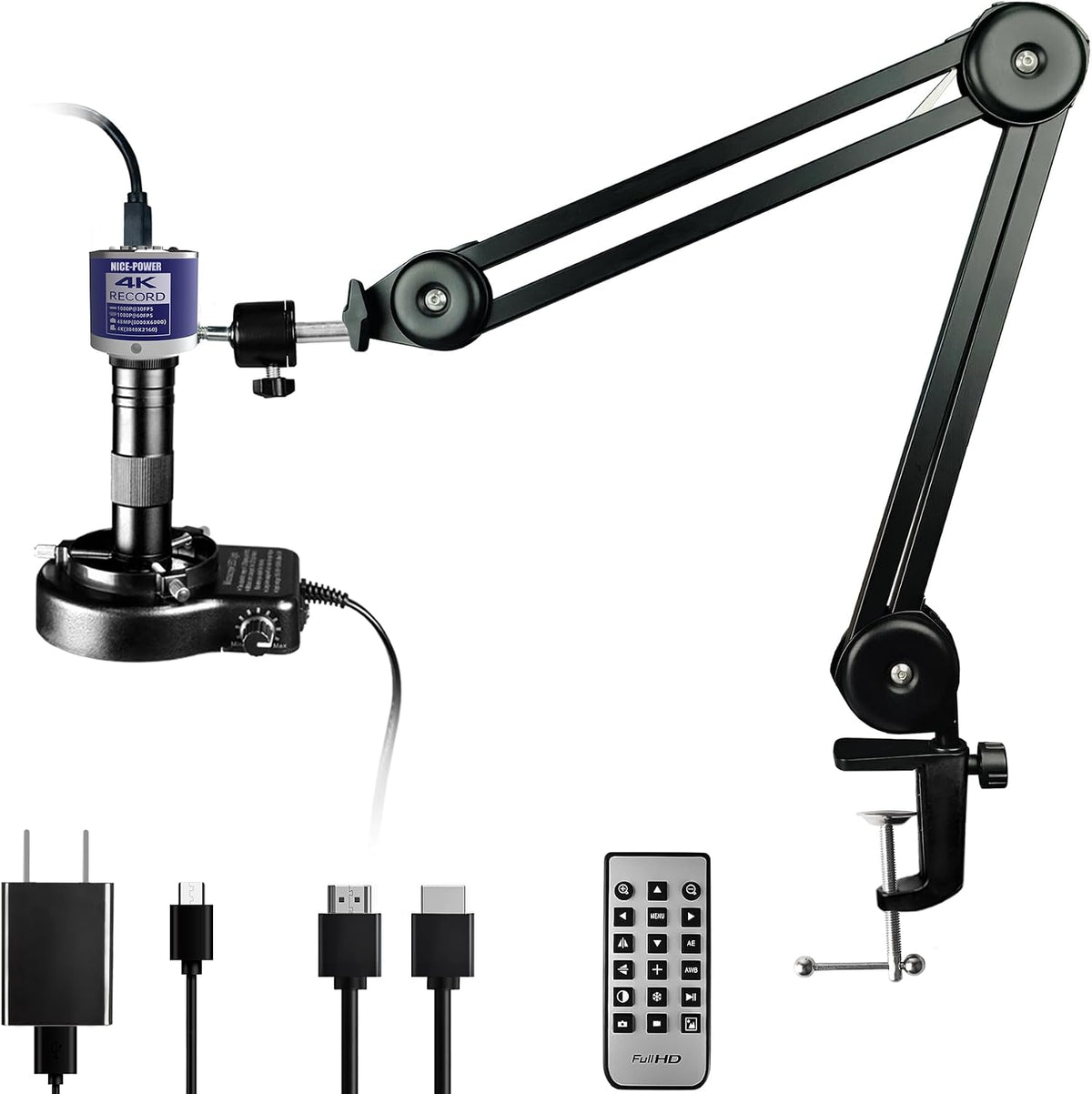 NICE-POWER Digital Microscope, 48MP 4K 1080P HDMI Type-C/USB Industrial Video Microscopes Camera, 150X Zoom C-Mount Lens, Foldable Stand, LED Ring Light, Soldering Microscope for Electronics Repair