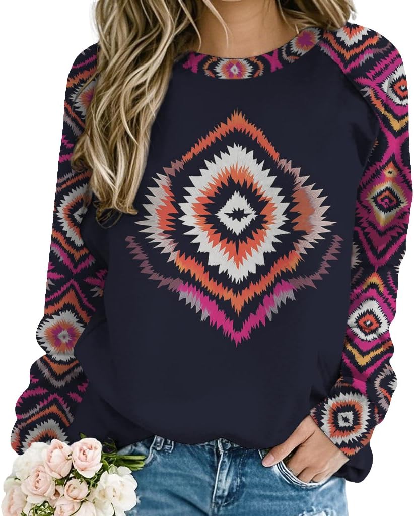 Crewneck Sweatshirts for Women Western Ethnic Style Long Sleeve Pullover Tops Aztec Print Fall Winter Sweatshirt