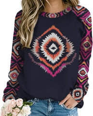 Crewneck Sweatshirts for Women Western Ethnic Style Long Sleeve Pullover Tops Aztec Print Fall Winter Sweatshirt