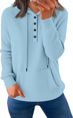 Women's Button Front Hoodie Long Sleeve Pullover with Drawstring and Kangaroo Pocket – Lightweight Casual Sweatshirt