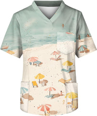 Printed Scrubs Top for Men Hawaiian Medical Uniform Shirts with 3 Pockets Stretch Scrubs