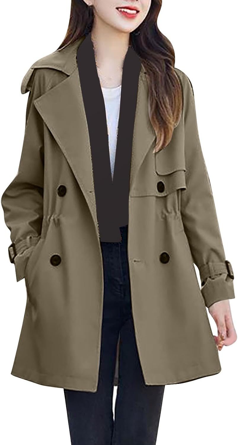 Women's Fall Casual Trench Coat Long Double Breasted Windbreaker Classic Belted Lapel Overcoat Midi Long Trench Coat