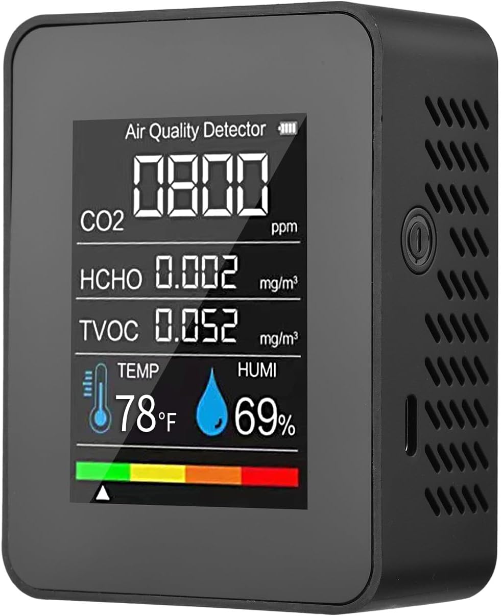 Prefessionall Indoor Air Quality Monitor, 5 in 1 Portable Smartair Quality Tester for CO2 | TVOC | HCHO | Temp | Hum for Home Cars Plants and Pets So On (Black)