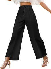 Women's High Waist Casual Palazzo Pants Drawstring Smocked Boho Wide Leg Beach Trousers Flowy Loose Fit Pant