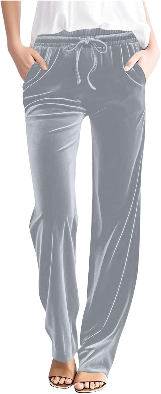 Women Velour Pants Elastic High Waisted Pants Straight Leg Velvet Trousers Comfy Soft Yoga Pants with Pockets Trendy