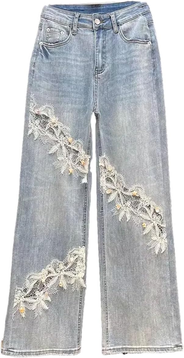 Women's High Waist Patchwork Lace Straight Hollow Out Design Sequins Denim Pants Fashion Party Jeans