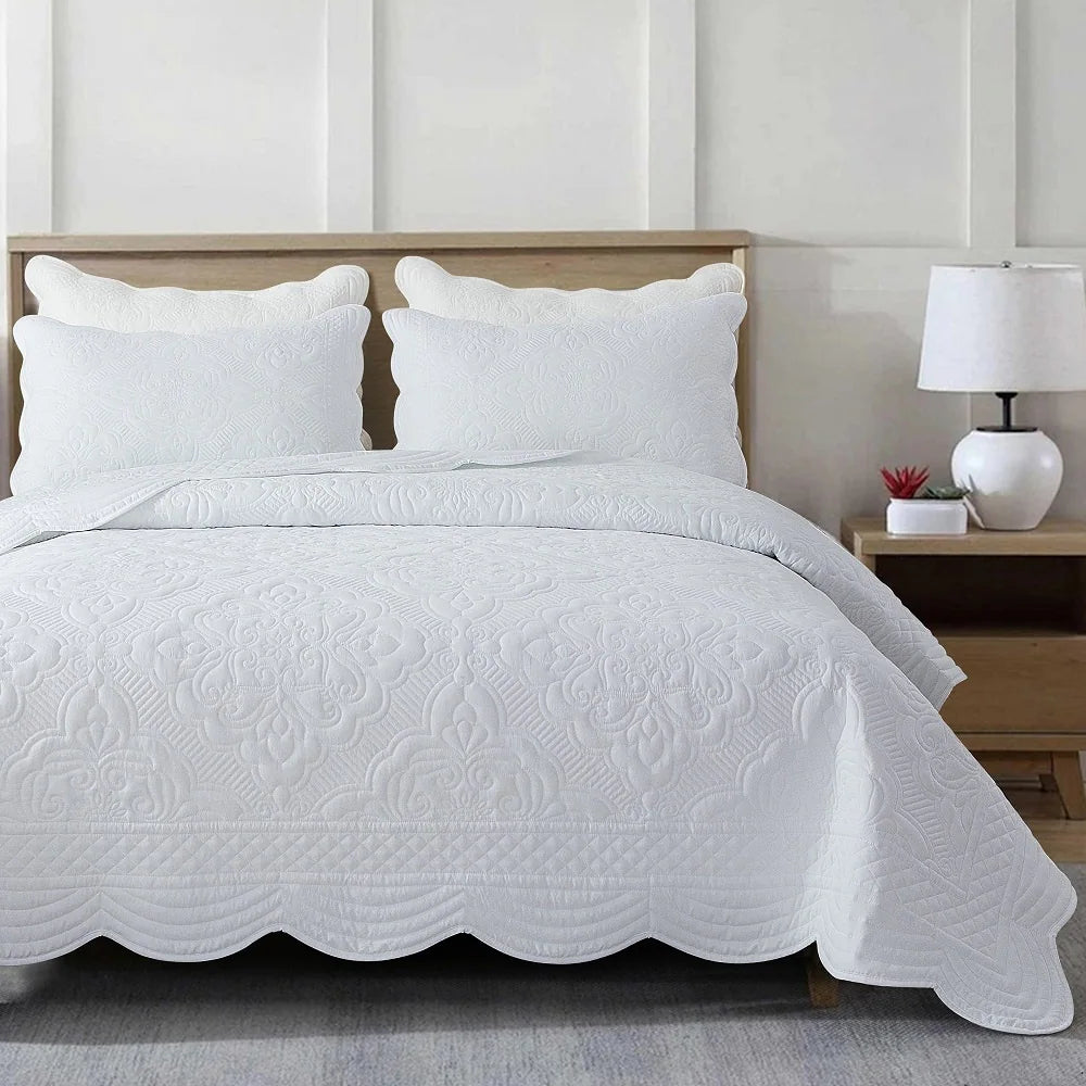 Wholinens Scalloped Edge Washed Microfiber Embroidered Damask Quilt Set 3 Pieces