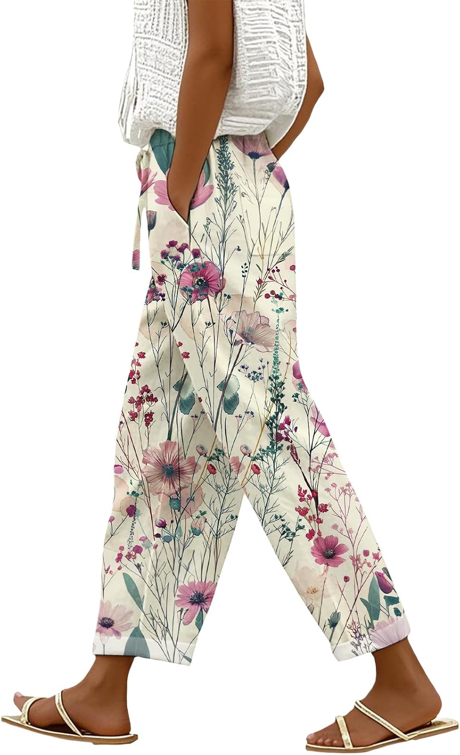 Womens Casual Linen Pants Elastic Waist Drawstring Trousers with Pockets Summer Beach Floral Pants