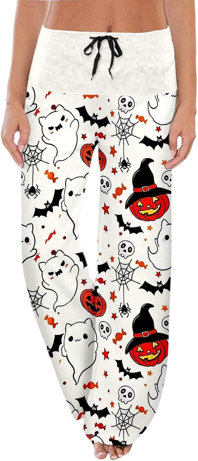 Halloween Pajama Pants for Women Wide Leg Loose Pumpkin Graphic Trouser Casual Elastic Waist Drawstring Trousers