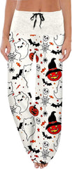 Halloween Pajama Pants for Women Wide Leg Loose Pumpkin Graphic Trouser Casual Elastic Waist Drawstring Trousers