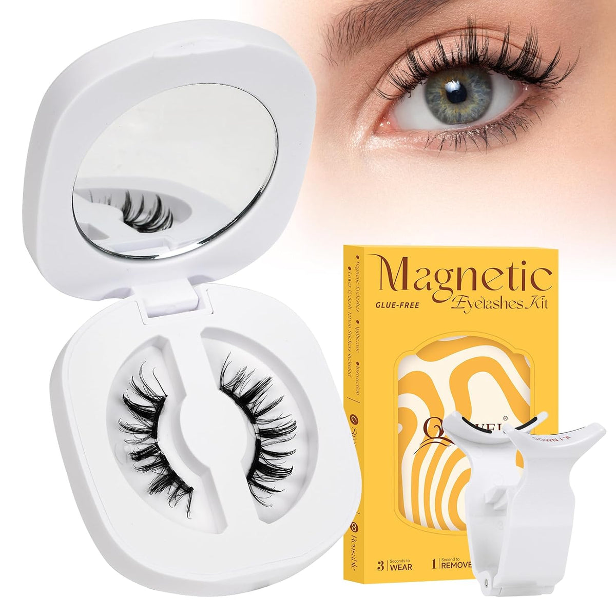 QUEWEL Magnetic Eyelashes 4 Pair Reusable Magnetic Eyelashes with Applicator No Glue Needed Eyelashes Natural Look Lash Clusters Kit Easy to Wear and Remove(4 Pairs-B02)