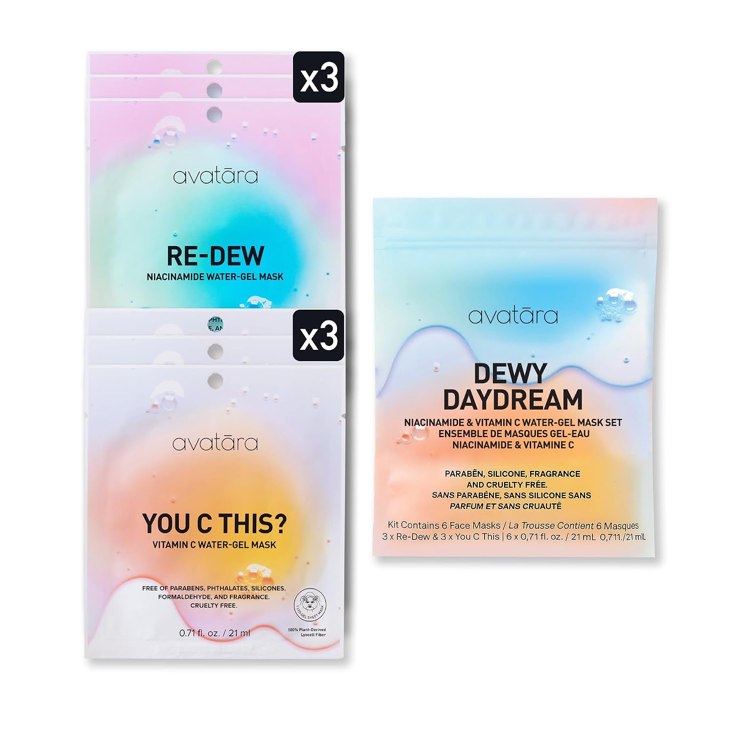 Avatara Dewy Daydream 6-Pack Water-Gel Mask, You C This? Vitamin C Masks, 3 Pack & Re-Dew Niacinamide Water-Gel Masks, 3 Pack | 0.71 fl.oz /21 mg