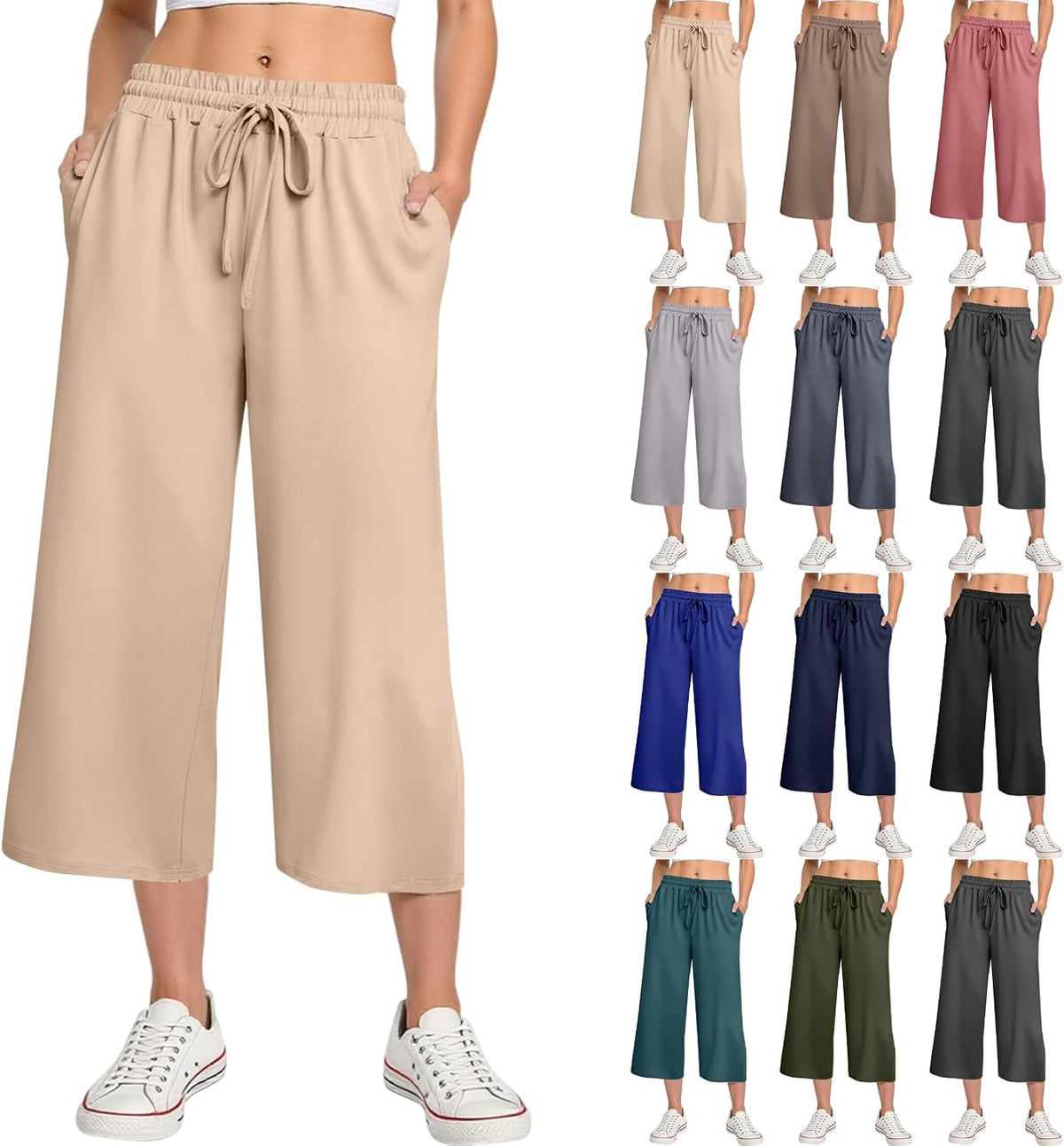 Cropped Linen Pants Women Summer Baggy Drawstring Palazzo Crop Pants Elastic Waist Pull On Wide Leg Capris with Pockets