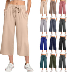 Cropped Linen Pants Women Summer Baggy Drawstring Palazzo Crop Pants Elastic Waist Pull On Wide Leg Capris with Pockets