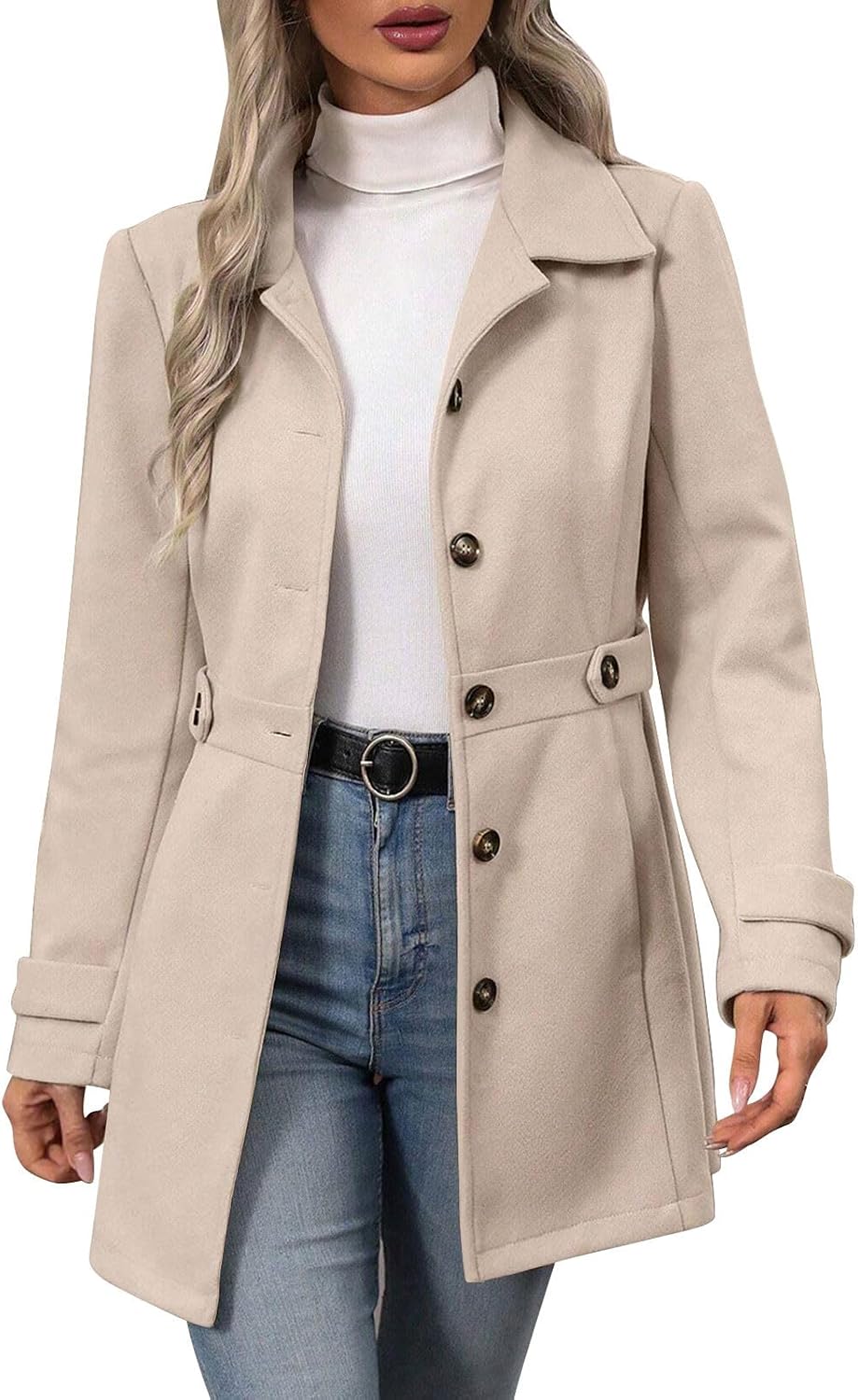 Borniu Womens Long Single Breasted Coats Lapel Collar Pea Coat Winter Slim Fit Jackets Solid Color Trench Coat Outwear