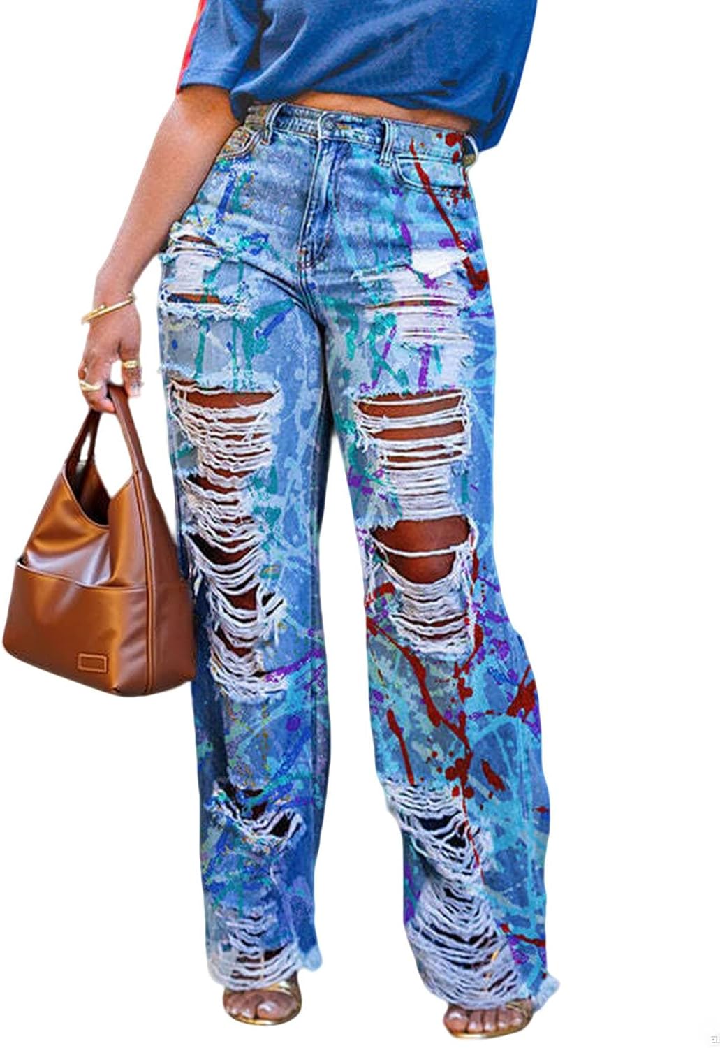 Women's Baggy Wide Leg Ripped Jeans Stretchy High Waisted Distressed Cutout Loose Denim Cargo Pants Pockets Streetwear