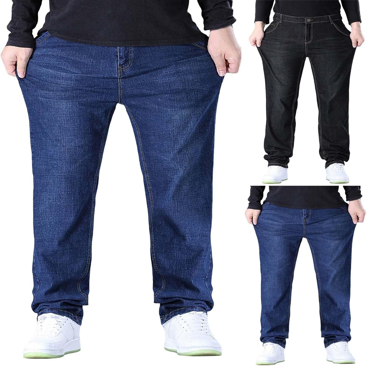 Mens Plus Size Baggy Jeans 7XL Drawstring Elastic Waist Pull On Denim Pants Loose Wide Leg Comfortable Trousers