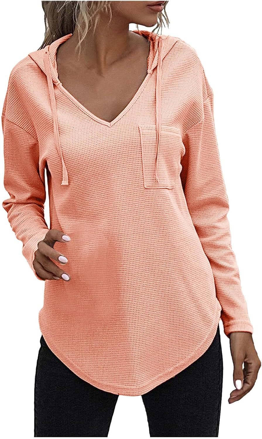 Waffle Hoodie Sweatshirts Tops For Women Long Sleeve Fall Pullover Y2K Shirts Baggy Clothes with Drawstring Pocket