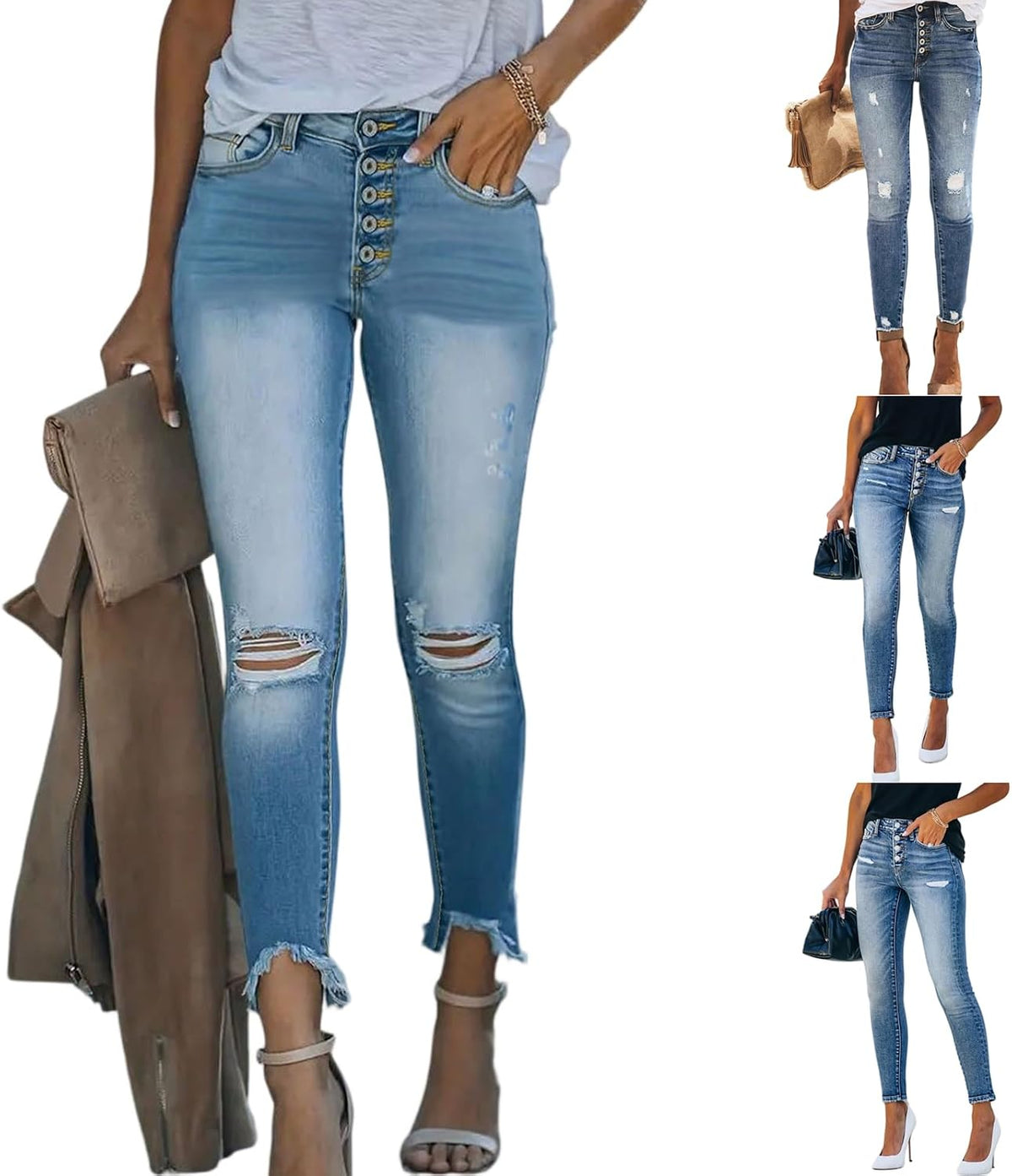 Women's Capri Jeans High Waisted Stretchy Ripped Jeans Pull-on Skinny Cropped Pants Summer Straight Leg Capri Pants