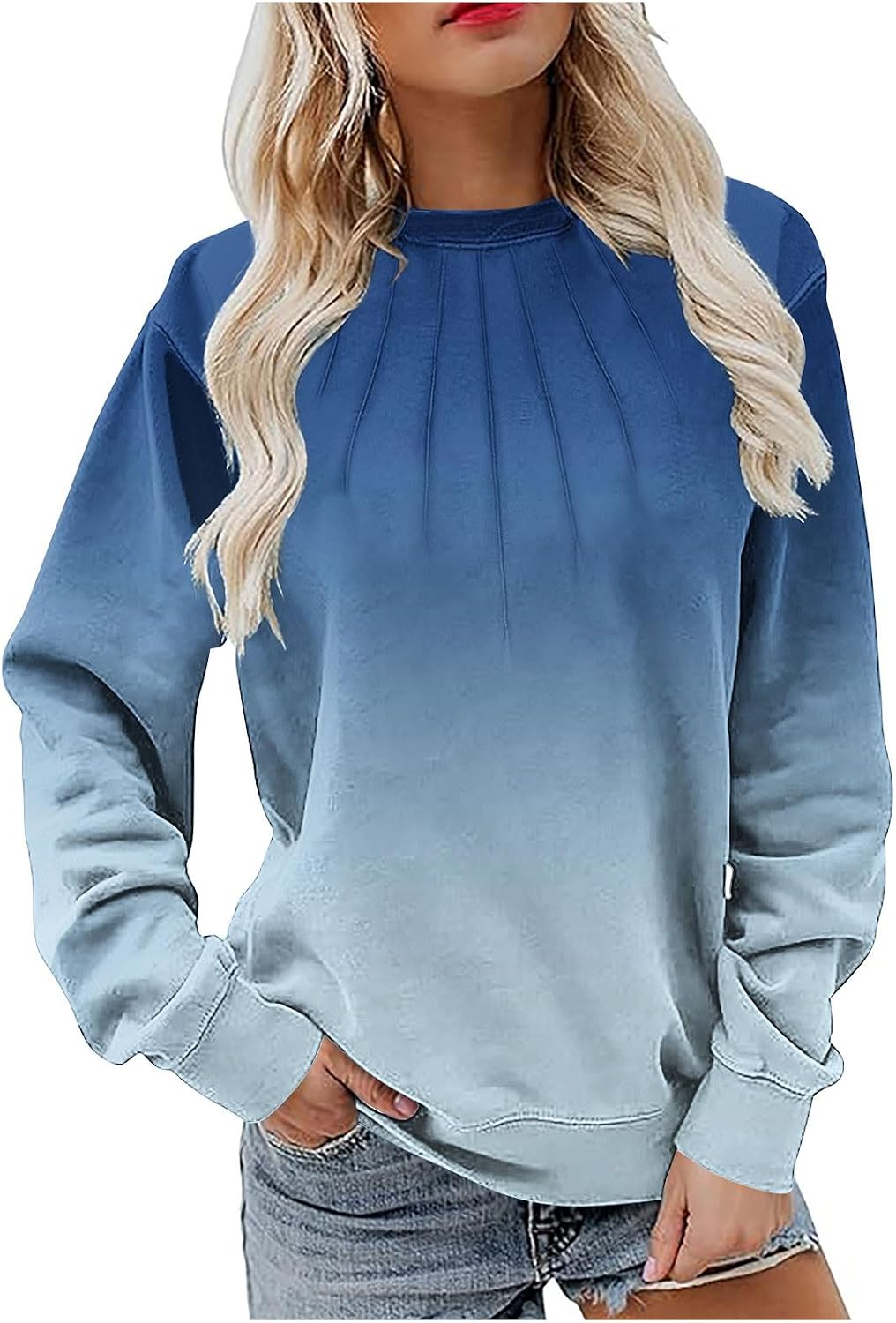 Sweatshirt for Womens Crew Neck Long Sleeve Gradient Pullover Tops Soft Outfits Casual Lightweight Pleated Clothes