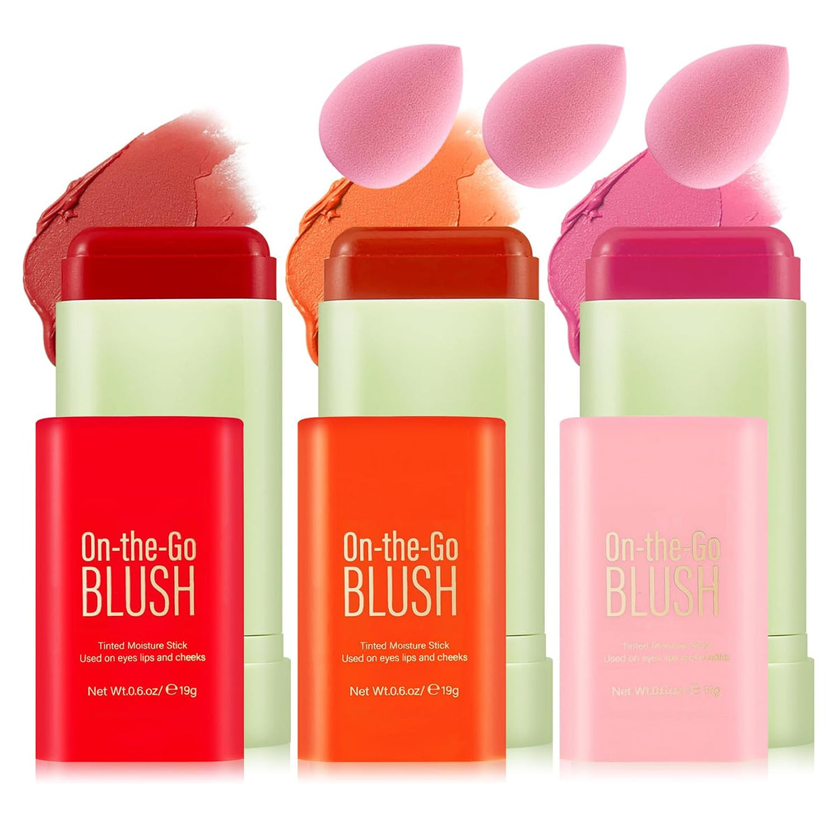 3 Colors Blush Stick with Makeup Sponges,Matte Solid Cream Blush,Multi-Use Blush Stick for Cheeks,Lips and Eye,High Pigmented Makeup Sticks Set A2