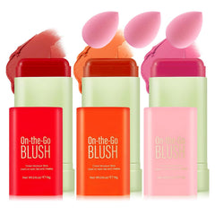 3 Colors Blush Stick with Makeup Sponges,Matte Solid Cream Blush,Multi-Use Blush Stick for Cheeks,Lips and Eye,High Pigmented Makeup Sticks Set A2