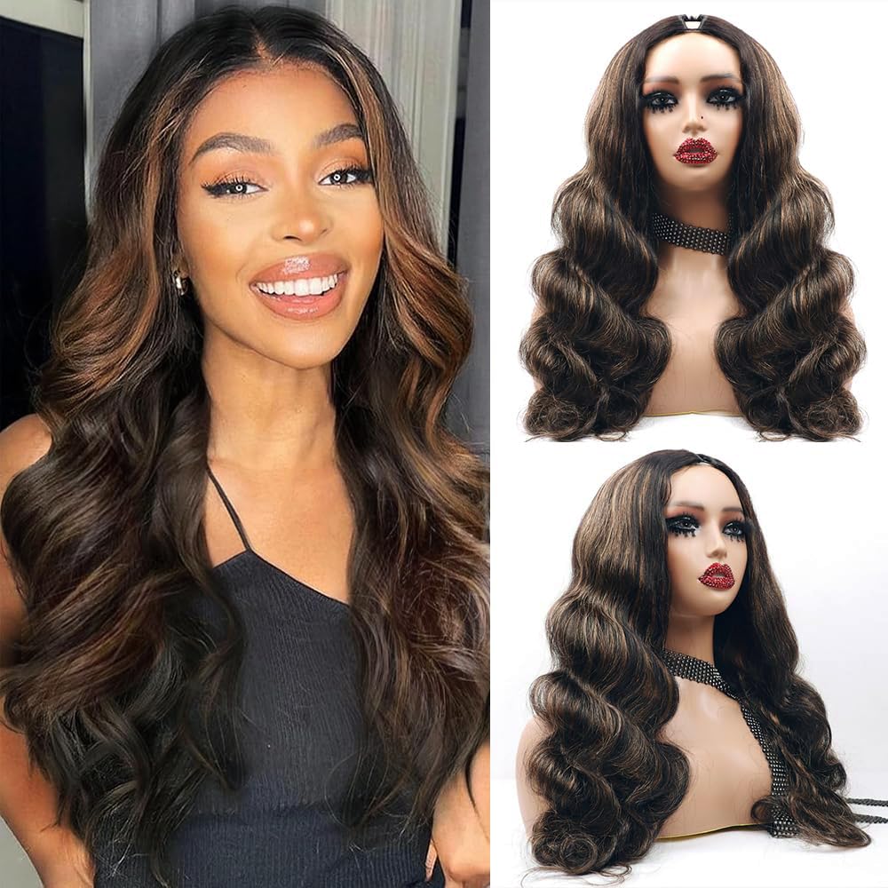 Xagujpo 16 inch #FB30 Body Wave V Part Wig Human Hair Beginner Friendly No Sew In Upgrade U Part Wig Human Hair Balayage Highlight Human Hair Wigs For Women Glueless Clip In Half Wig 180 Density