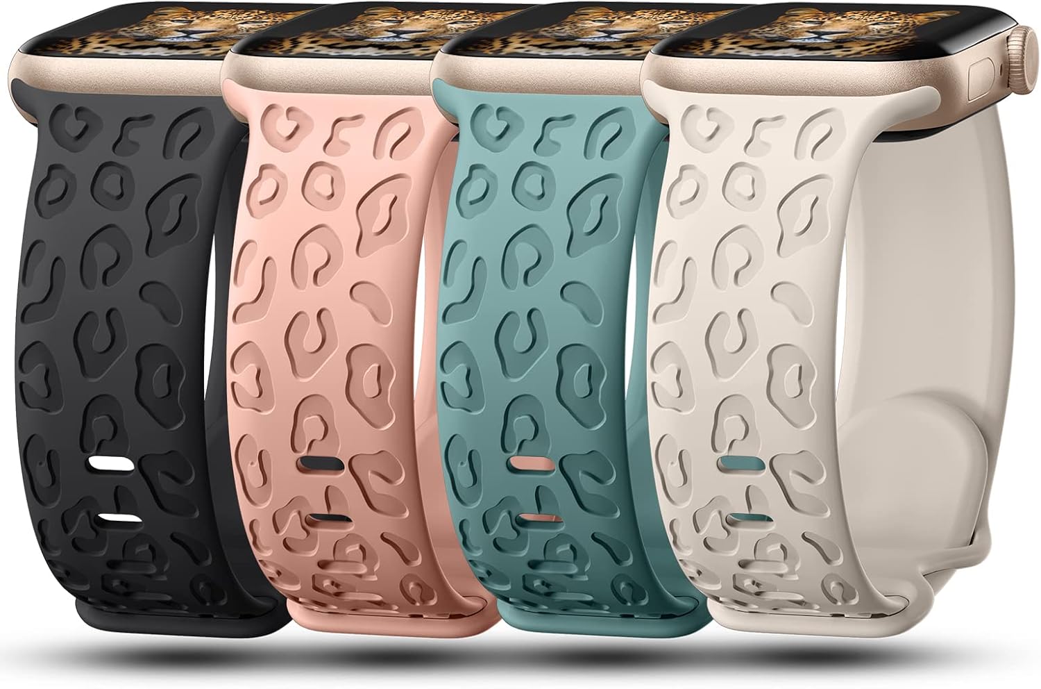 4Pack Leopard Engraved Bands Compatible with Apple Watch Band for women 40mm 41mm 42mm 38mm 44mm 45mm 46mm 49mm, Soft Silicone Cheetah Sport Strap for iWatch Series 10 9 8 7 6 5 4 3 2 1 Ultra/2 SE