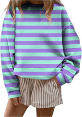 HGps8w Womens Striped Crewneck Sweatshirt Casual Long Sleeve Loose Drop Shoulder Blouse Trendy 2025 Fall Pullover Tee Tops