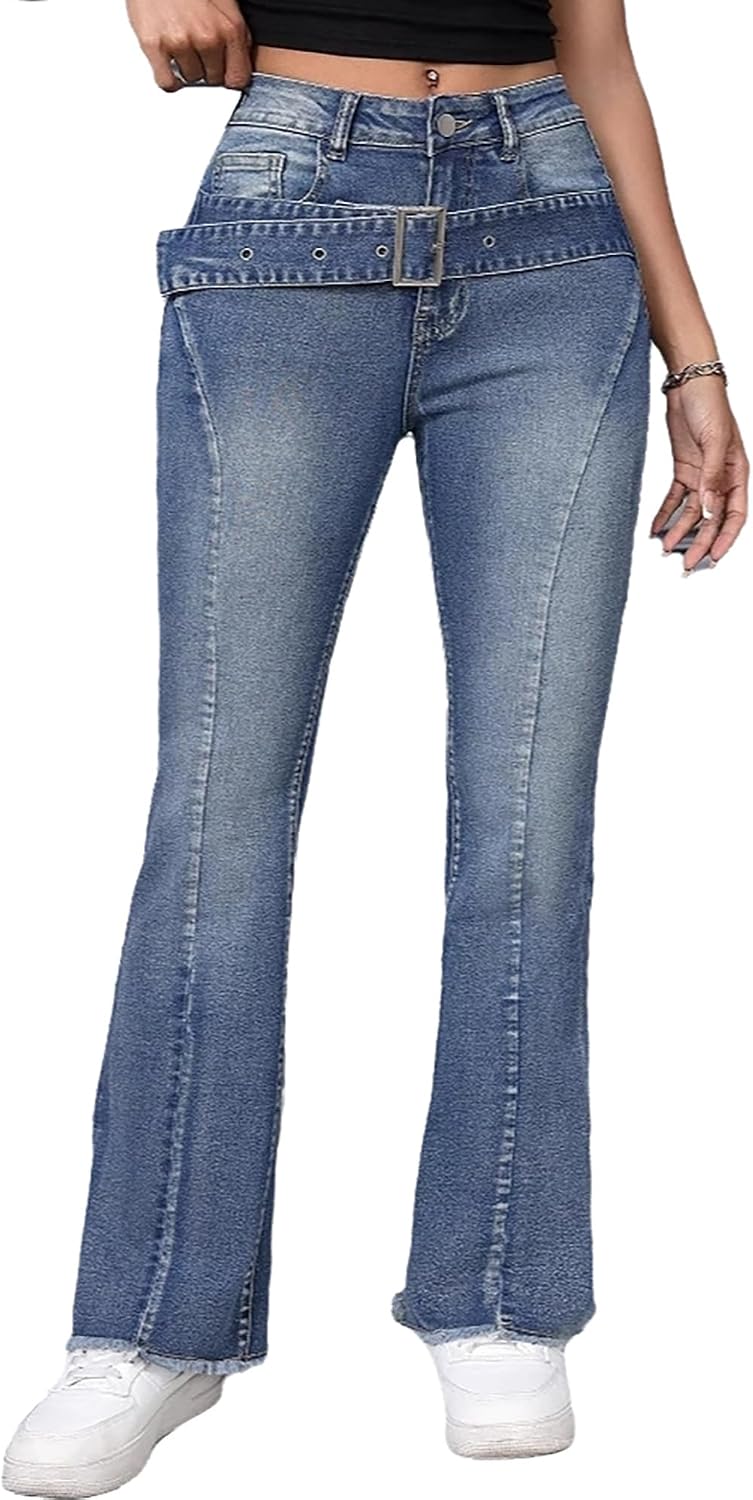 Women's High Waisted Flare Jeans Trendy Front Belt Patchwork Raw Hem Wide Leg Denim Pants