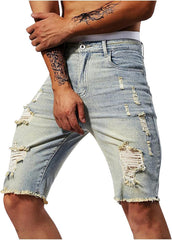 Men's Slim Fit Short Jeans Stretch Destroyed Ripped Skinny Distressed Straight Denim Short Pants Casual Streetwear