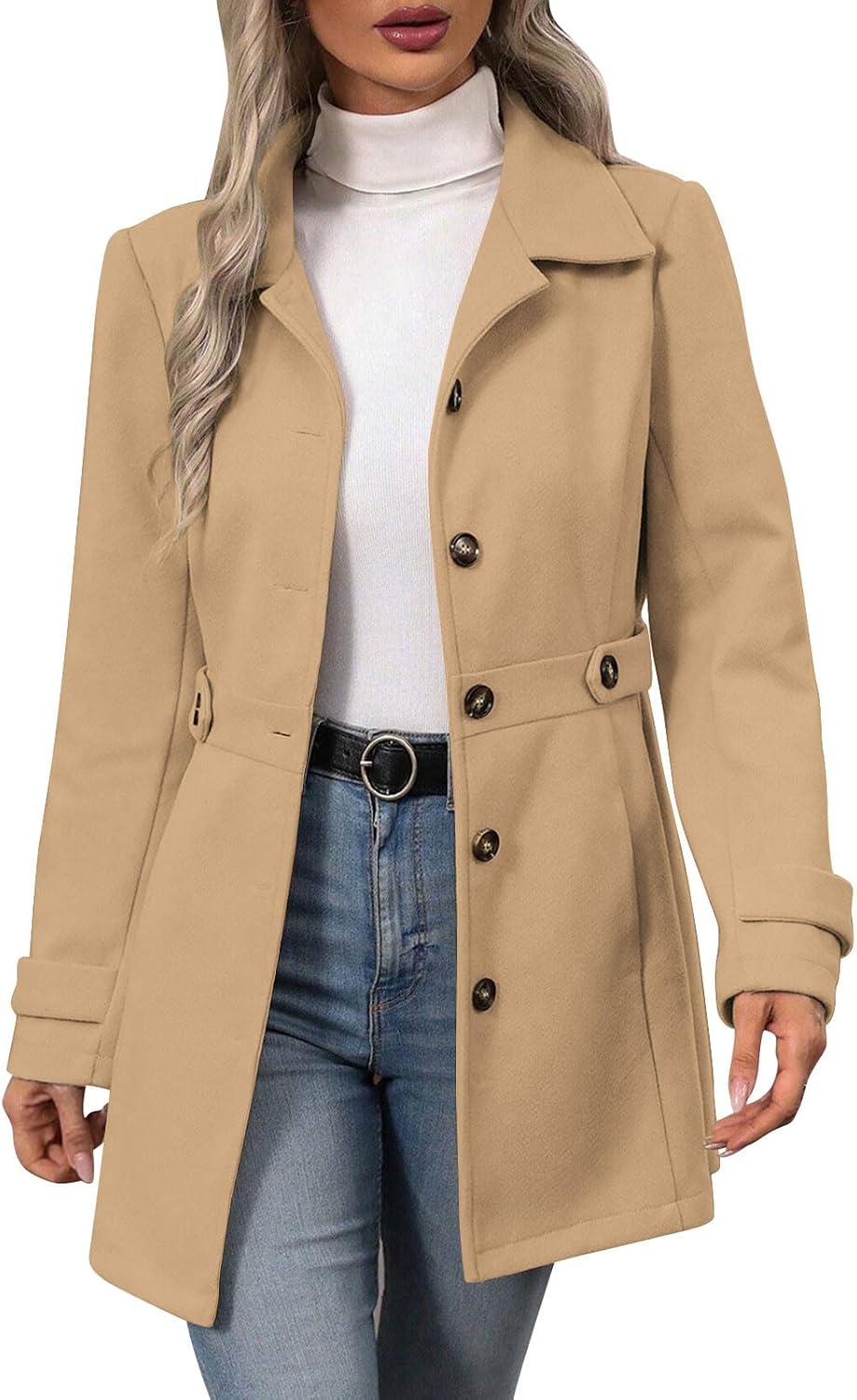 Borniu Womens Long Single Breasted Coats Lapel Collar Pea Coat Winter Slim Fit Jackets Solid Color Trench Coat Outwear