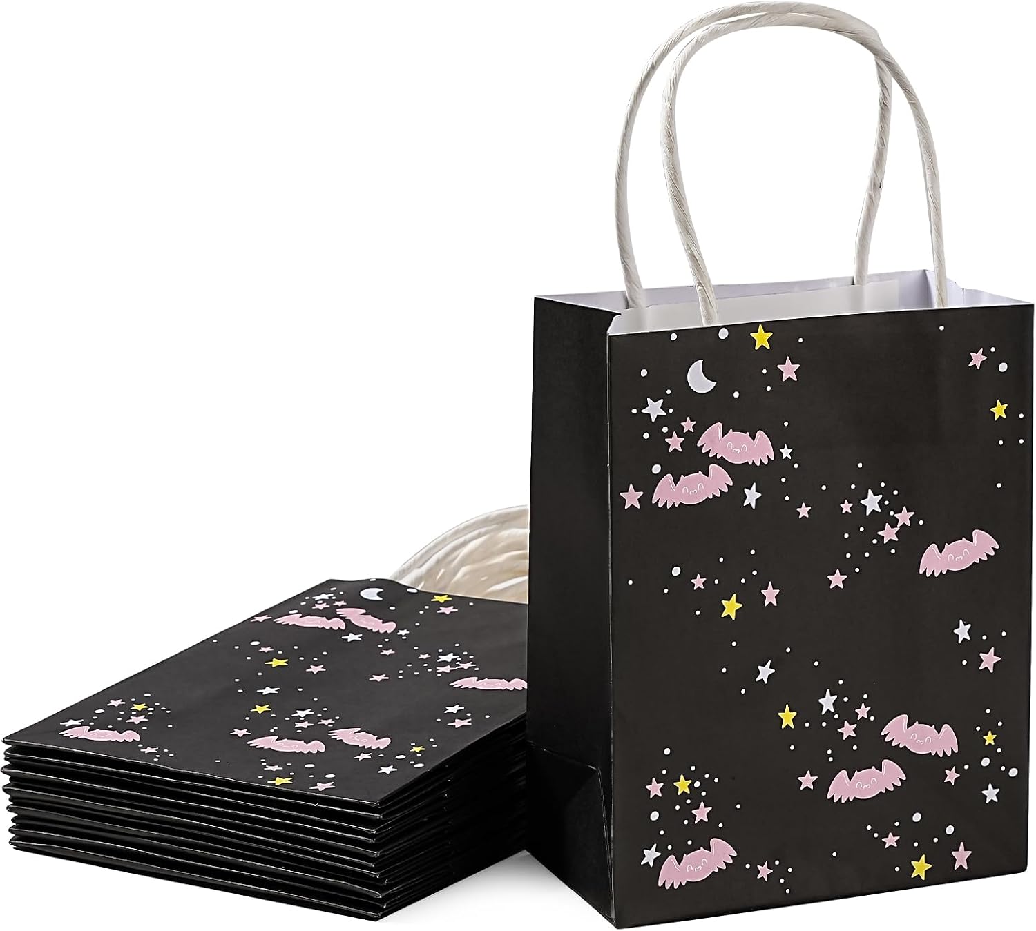 WRAPAHOLIC 12 Pack 7" Small Halloween Kraft Paper Gift Bags - Adorable Bat with Star Black Gift Bag for Hallowen, Baby Shower, Holiday, Party Gift Wrap