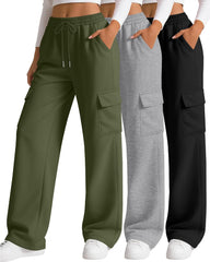 Neer 3 Pack Women's Cargo Sweatpants Wide Leg Baggy Elastic Drawstring Pants Casual Cotton Athletic Joggers with 4 Pockets