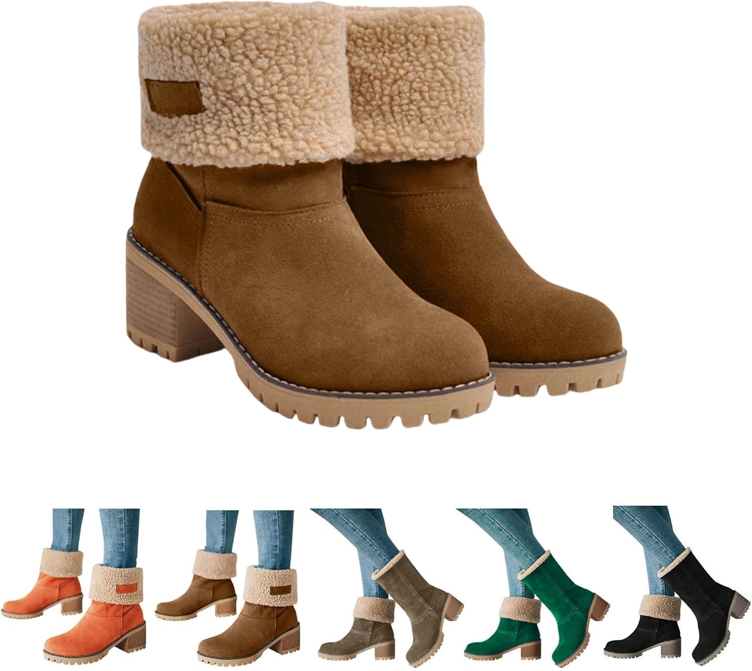 Winter Boots For Women 2025,Chunky Mid Heel Round Toe Fleece Lined Mid Calf Booties Comfortable Fashion Suede Warm Ankle Fur Lined Outdoor Winter Boots Shoes