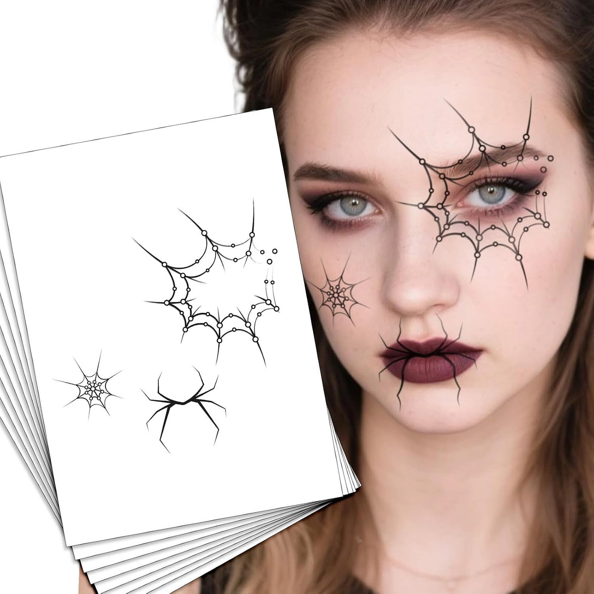 Halloween Face Tattoos Stickers Dark Witch Face Makeup Decal Day of the Dead Fake Eyeshadow Eyeliner Stickers with Pumpkins and Bats for Adults Party Masquerade Temporary Tattoos
