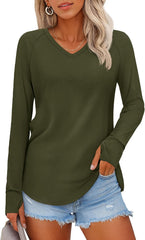 YUCOLEN Womens Tunic Tops for Leggings Loose Fit Long Sleeve Shirts with Thumb Holes Cotton V-Neck T-Shirts