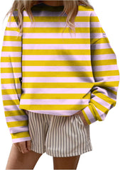 HGps8w Womens Striped Crewneck Sweatshirt Casual Long Sleeve Loose Drop Shoulder Blouse Trendy 2025 Fall Pullover Tee Tops