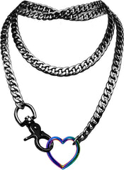 paloli Women's Slip Chain Rainbow Heart O-Ring Chunky Chain Necklace, Rays Cuban Long Layered Jewelry, Adjustable Lariat Y-Necklace Heart Loop Choker