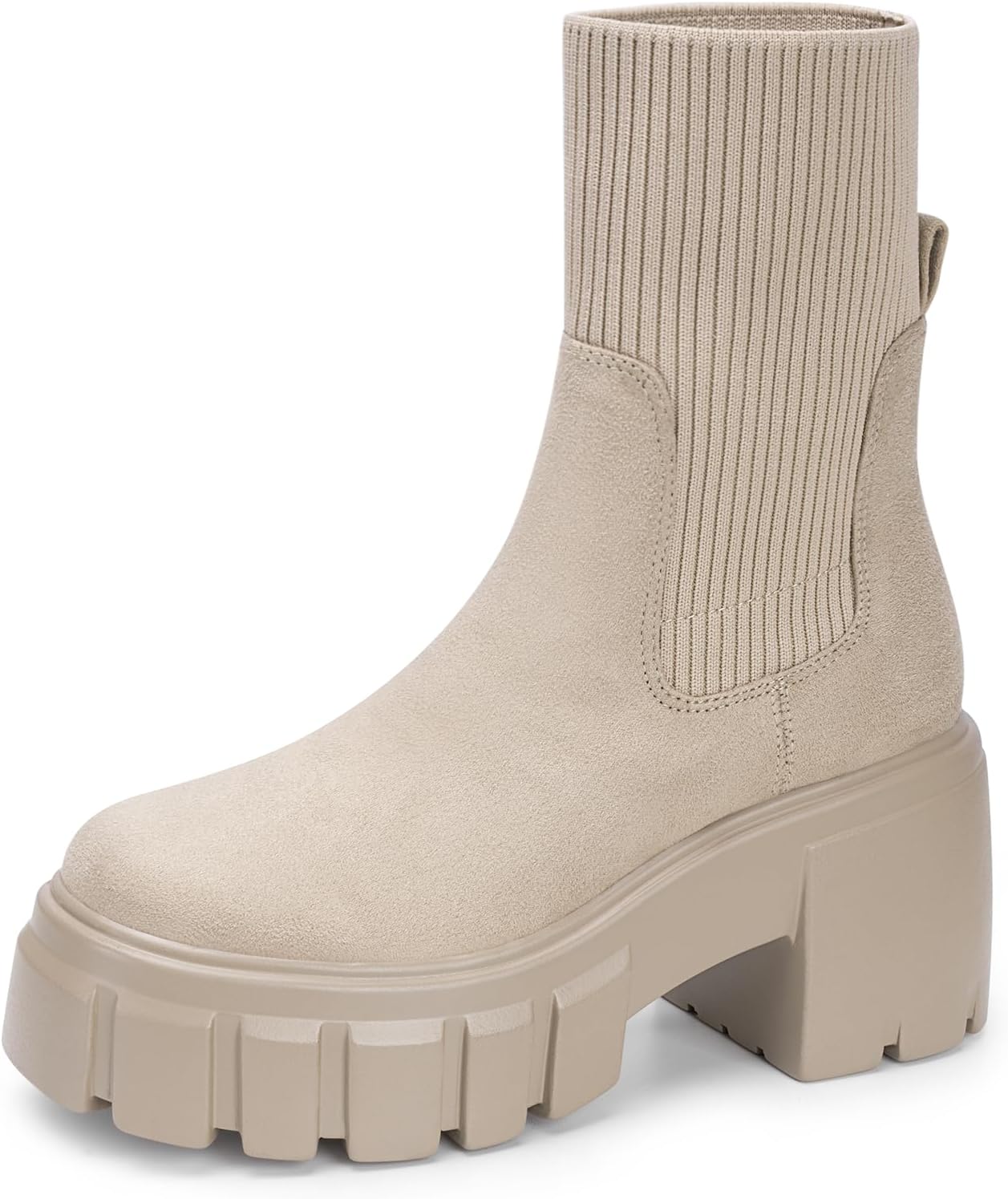 FITORY Womens Chelsea Boots, Elastic Ankle Booties with Chunky Mid Heel and Lug Sole, Comfy Trendy Slip on Shoes for Fall and Winter Size 6-11