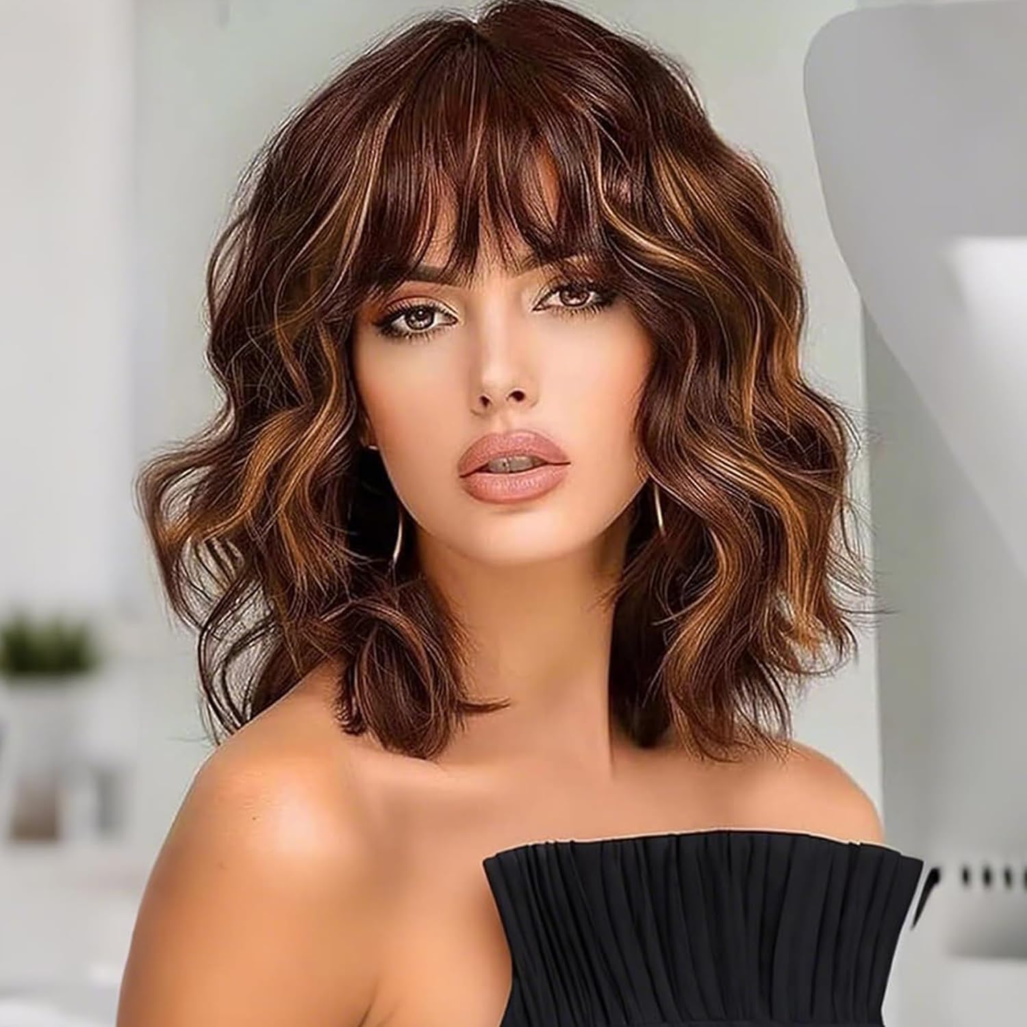 Ginger Red Bob Wig For Women Heat Resistant Synthetic Shoulder Length Loose Wavy Wig With Bangs Curly Bob Wigs Medium Length 14inch (Ginger Red Color)