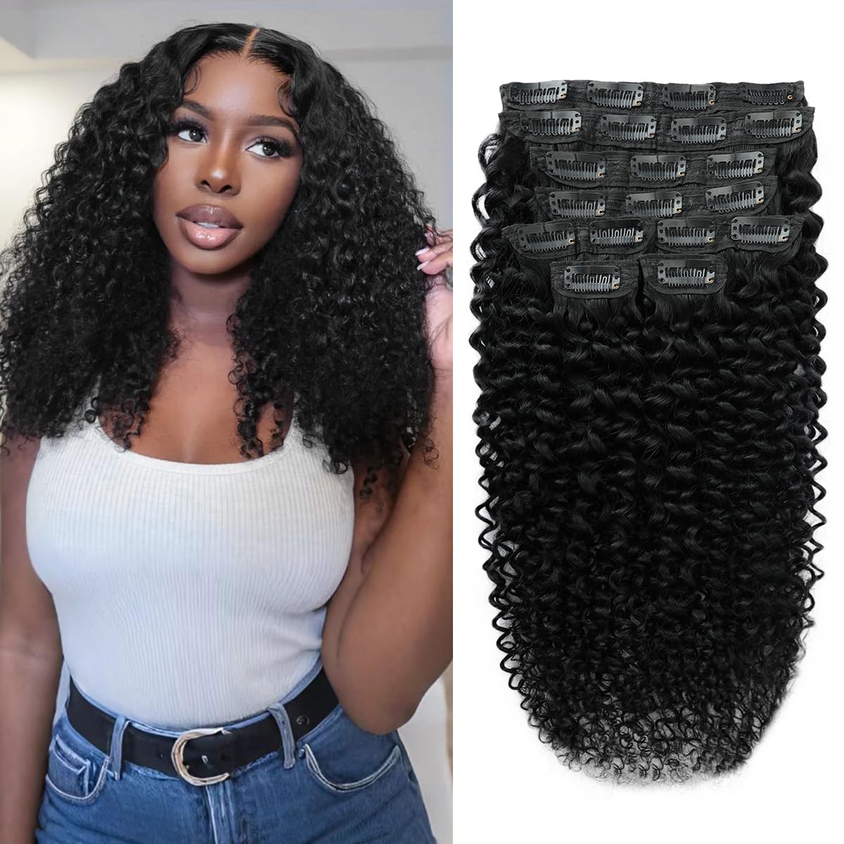 Highlight P4/27 Kinky Curly Clip Ins 18 Inch 110g 8pcs 3C 4A Curly Clip In Hair Extensions Real Human Hair Full Head for Women 100% Brazilian Remy Human Hair Extensions with 20 Clips #4/27