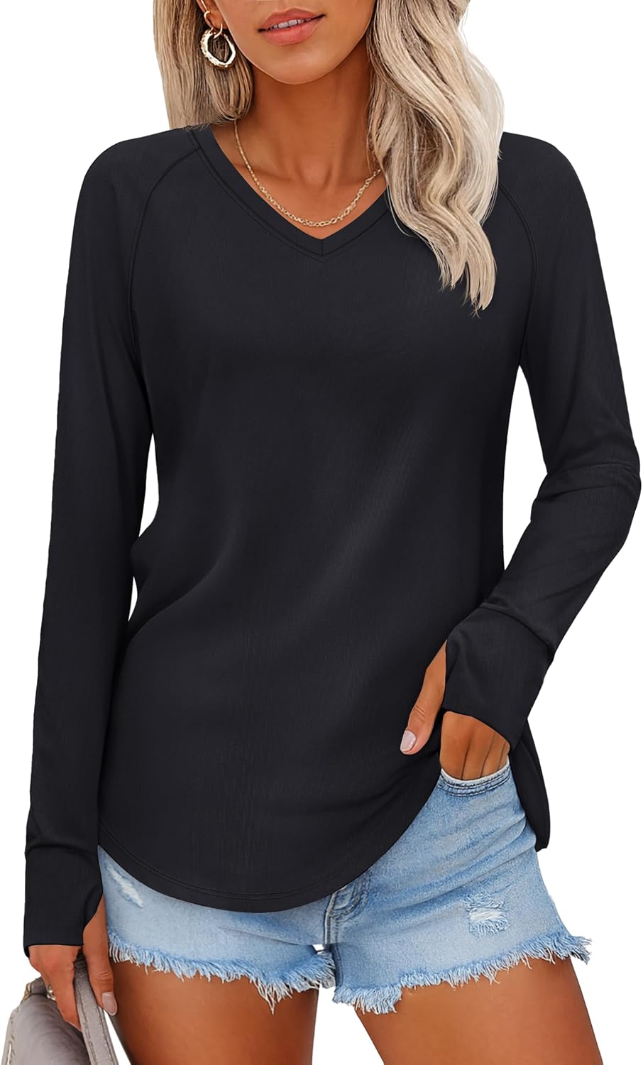YUCOLEN Womens Tunic Tops for Leggings Loose Fit Long Sleeve Shirts with Thumb Holes Cotton V-Neck T-Shirts
