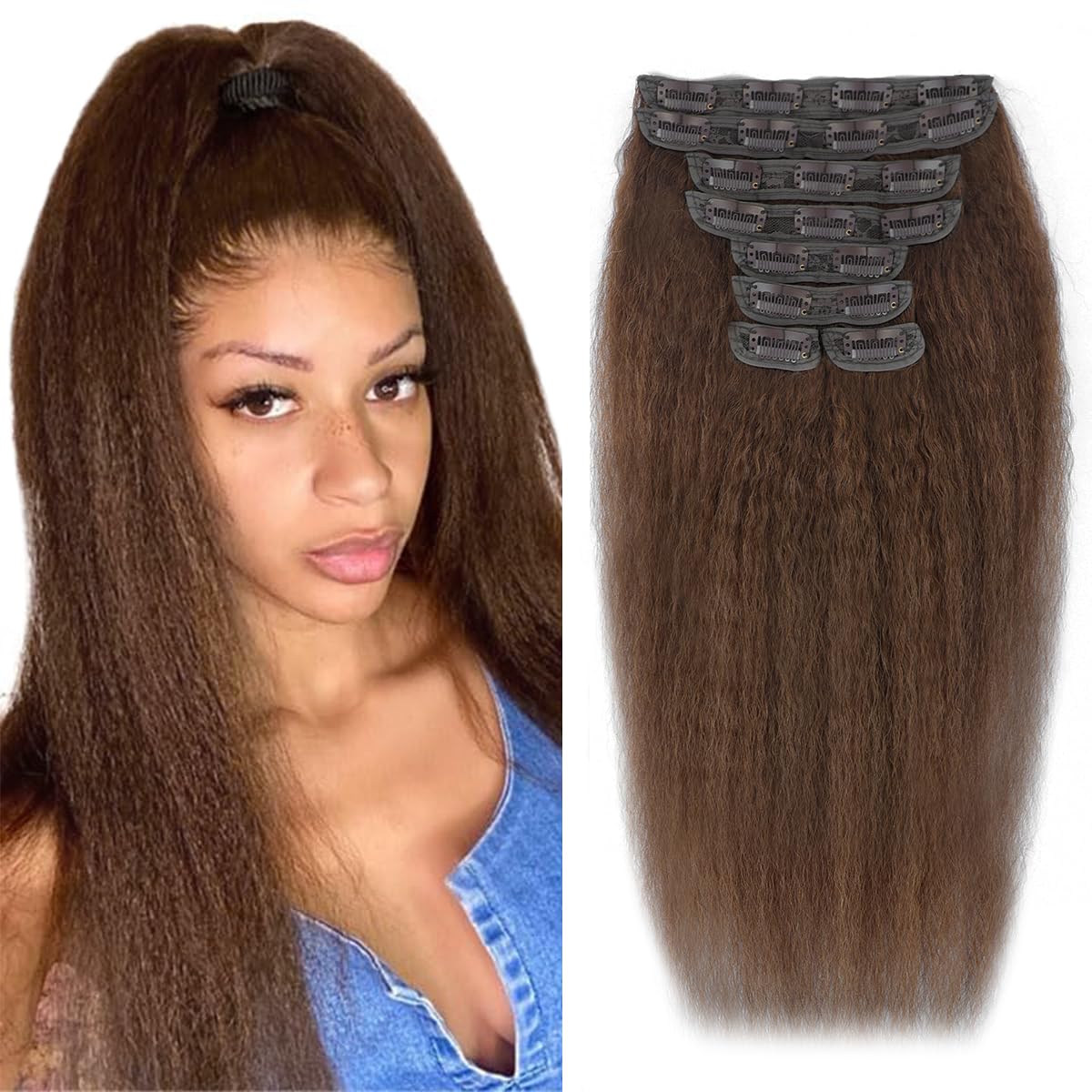Highlight P4/27 Kinky Curly Clip Ins 18 Inch 110g 8pcs 3C 4A Curly Clip In Hair Extensions Real Human Hair Full Head for Women 100% Brazilian Remy Human Hair Extensions with 20 Clips #4/27