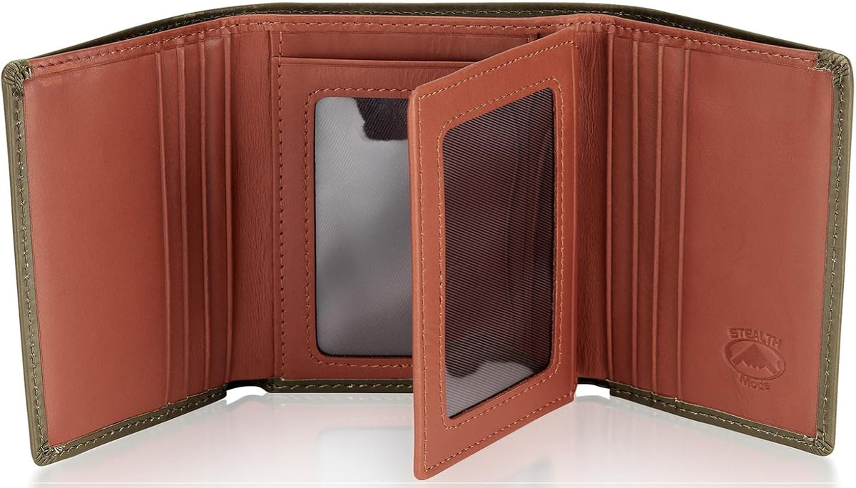 Stealth Mode Leather Trifold RFID Wallet For Men With Flip Out ID Holder (Crazy Horse Brown)